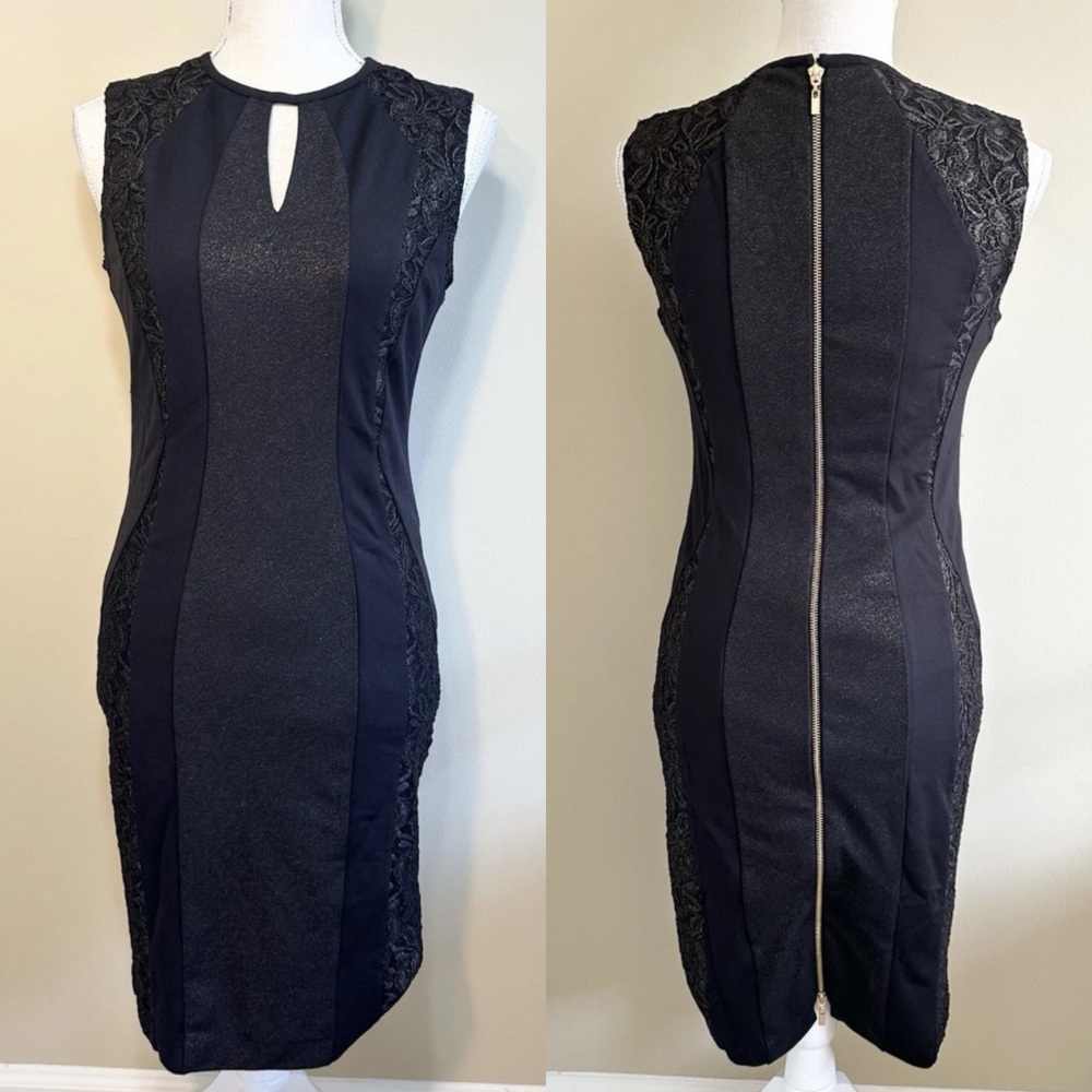 Cache 2 Dress Sleeveless Black Gold Contrast Keyhole Neck Back 2-Way Zipper